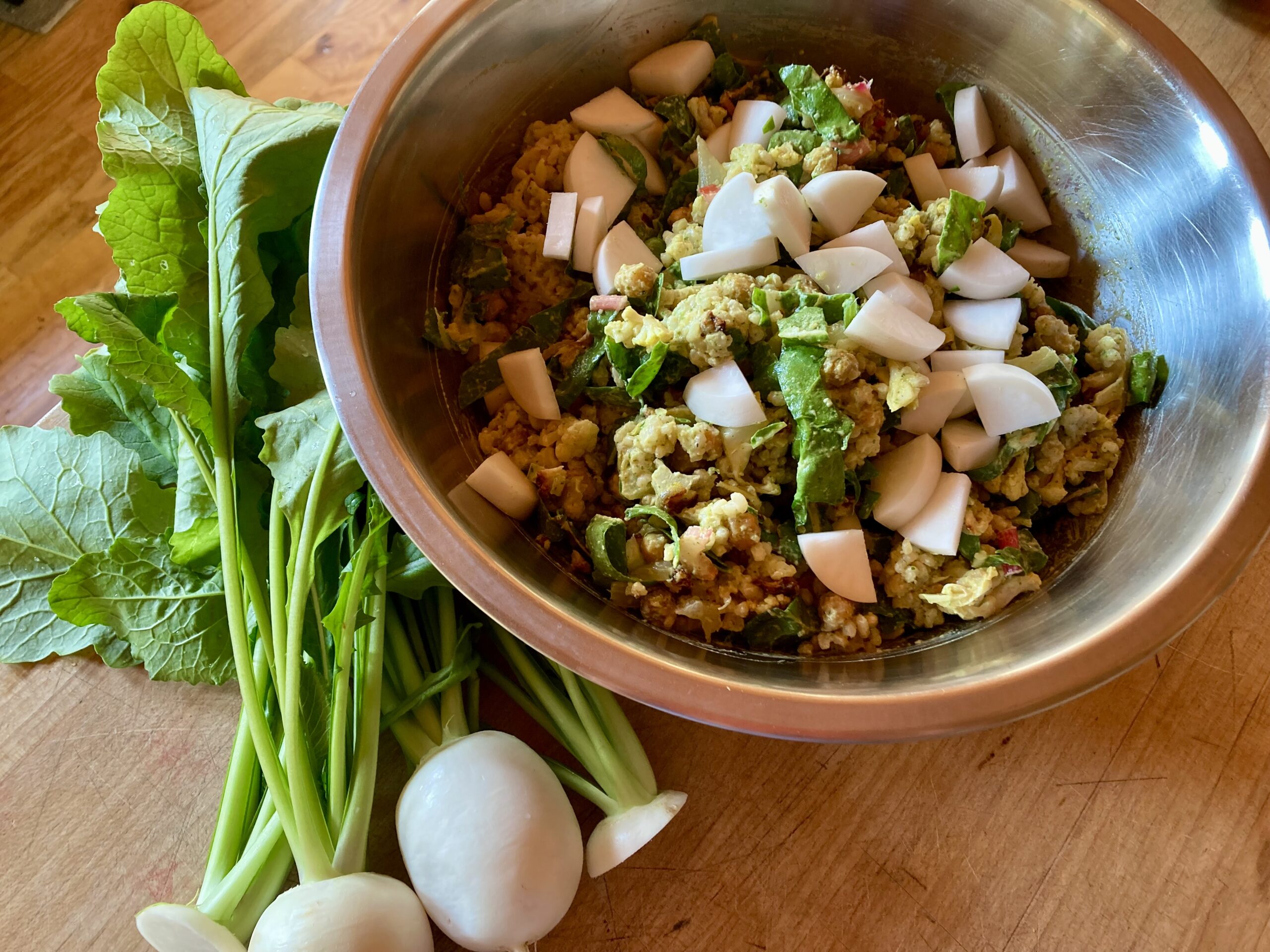 Roasted, Curried Cauliflower and Chickpeas with Chard and Salad Turnips